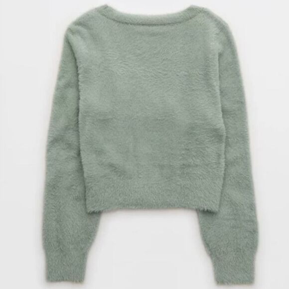 Aerie Fuzzy Cropped Cardigan Sweater Size‎ M Green Ultra Soft Twee - Picture 2 of 12